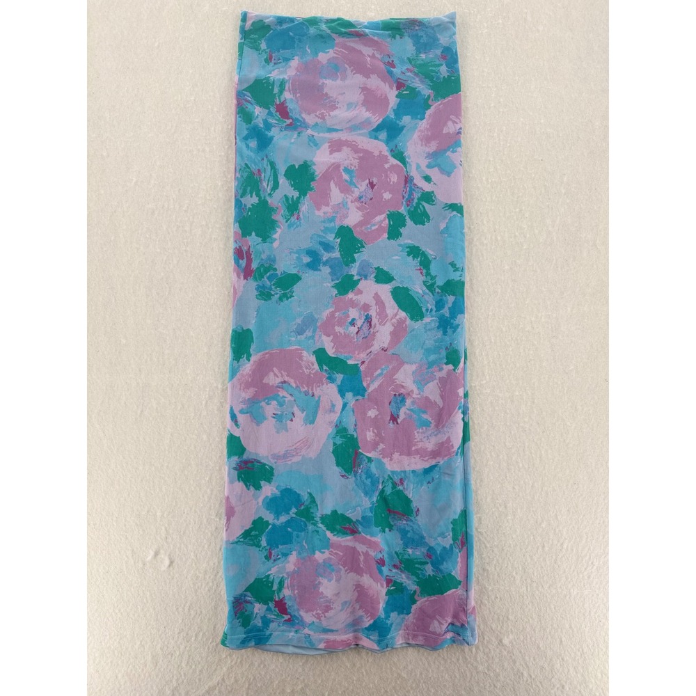 Sabo - Floral Mesh Midi Skirt Back Slit Watercolor - Blue Pink - S - Women